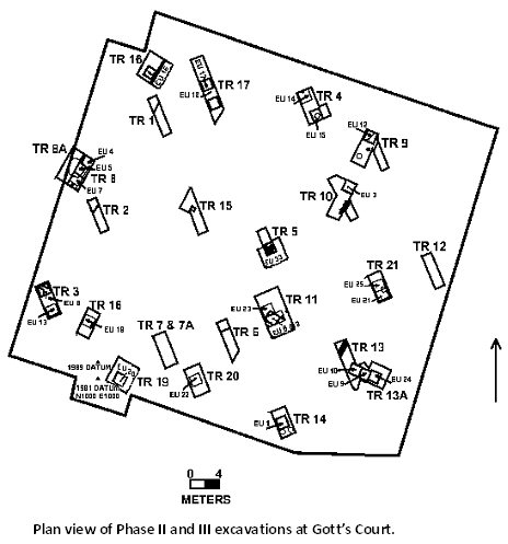 Map of plan view of the Phase II and Phase III excavations at Gott's Court.